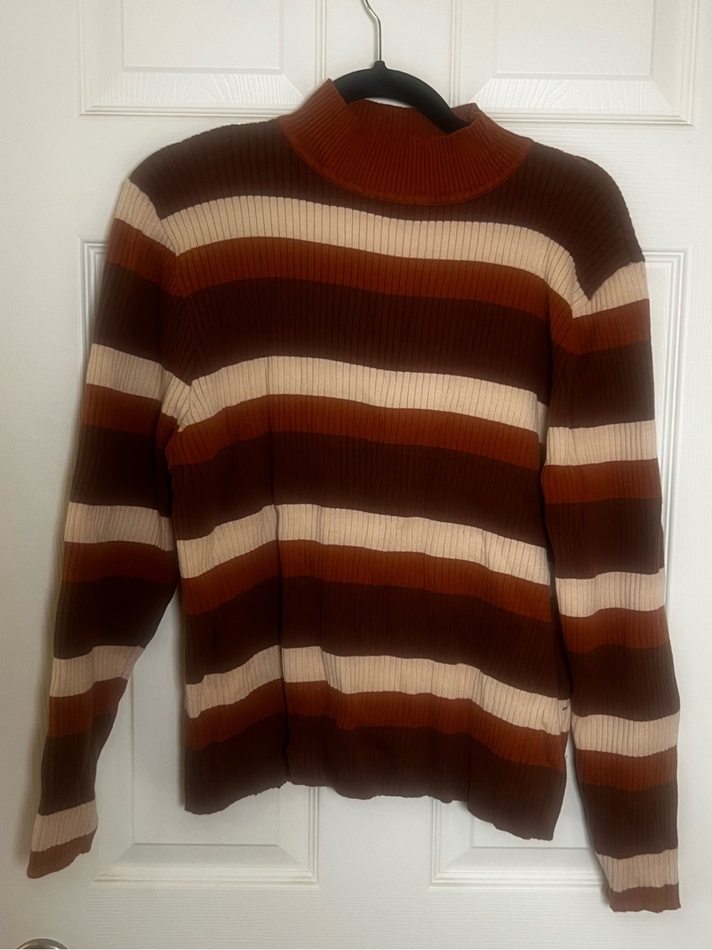 Shiny By Nature Striped Ribbed Mock Neck Sweater - Brown & Cream